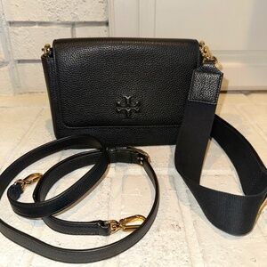 Tory Burch Black Pebbled Leather Flap Crossbody